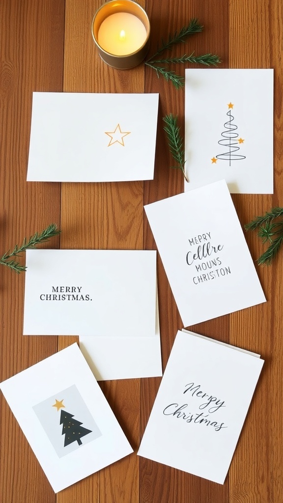 Minimalist Christmas cards with simple designs on a rustic wooden table.